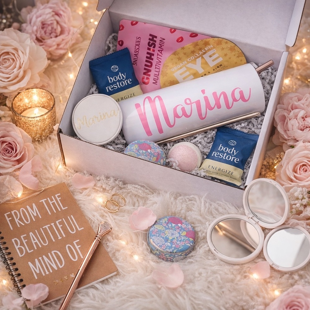 Personalized Gift Set | Custom Name Tumbler, Compact Mirror & Notebook
